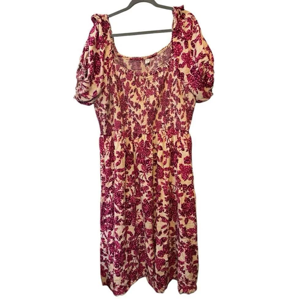 Old Navy Burgundy Floral Puff Sleeve Fit & Flare Dress Tiered Midi Dress XXL